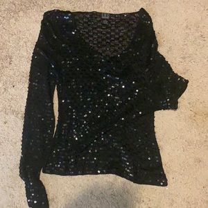 Black sequined long sleeve shirt, black, size medium petite